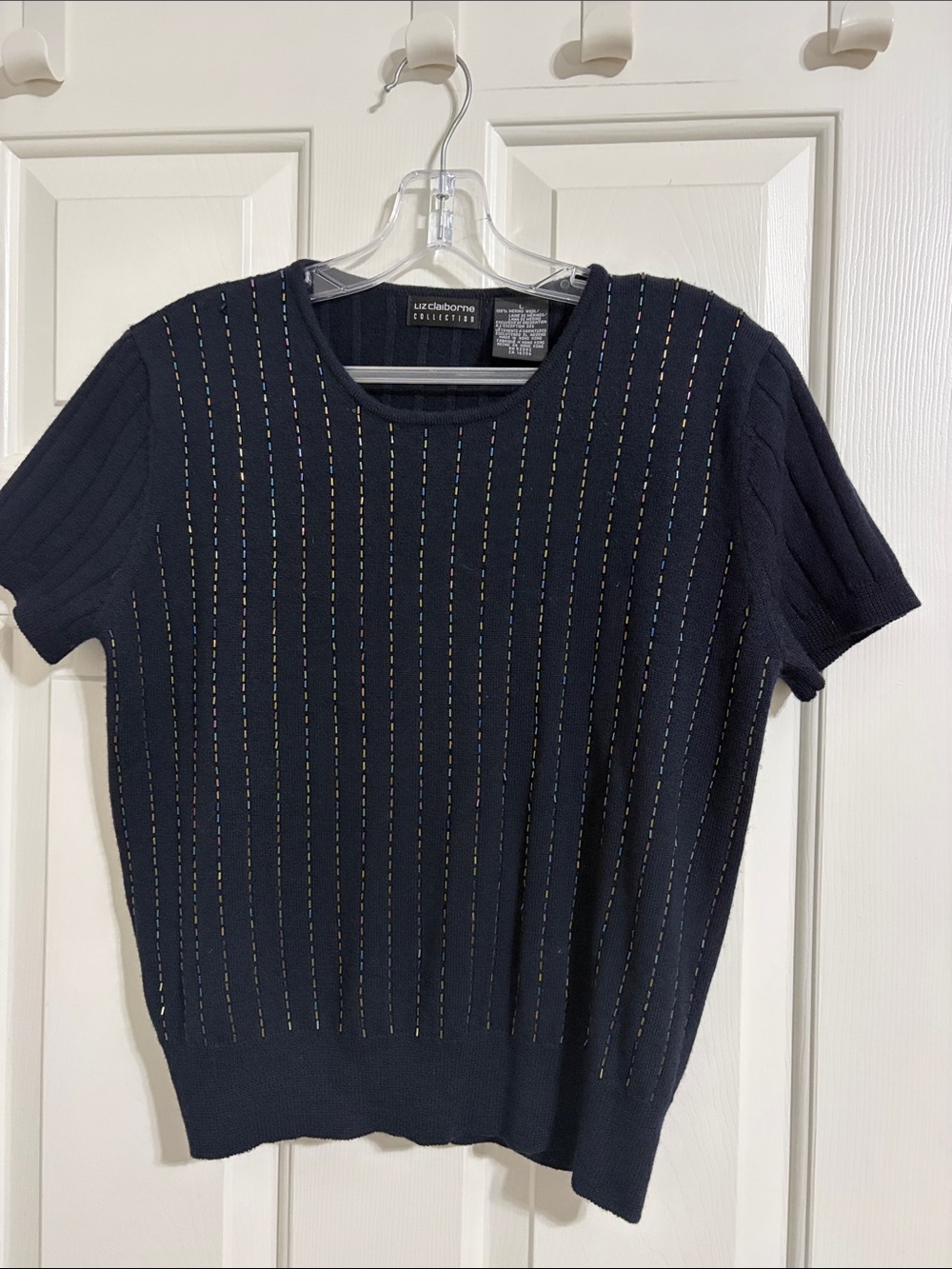 Vintage Liz Claiborne Navy Short-Sleeve Knit Top with Multicolor Sequins Wool